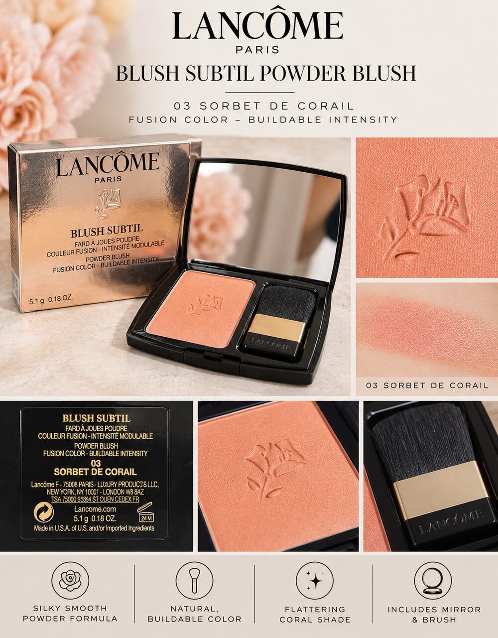 Lancome $34 Blush Subtil Powder 03 Sorbet De Corail NIB
